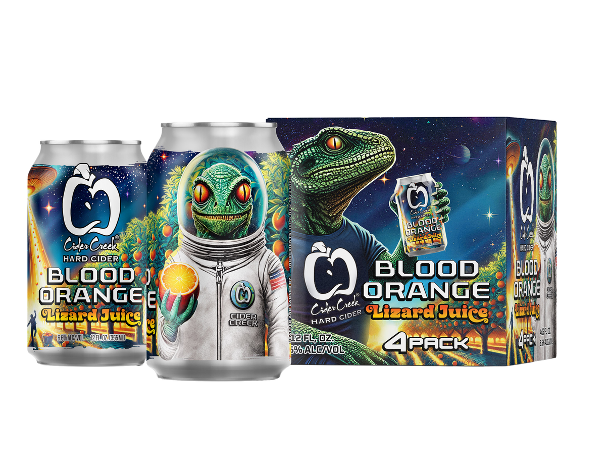 Blood Orange Lizard Juice can, astronaut LeZard label art, and 4-pack box