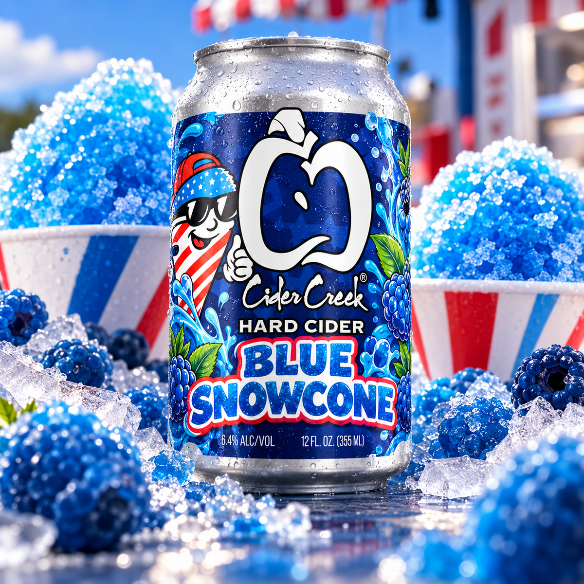 Blue Snowcone Cider Creek can surrounded by blue shaved ice and berries