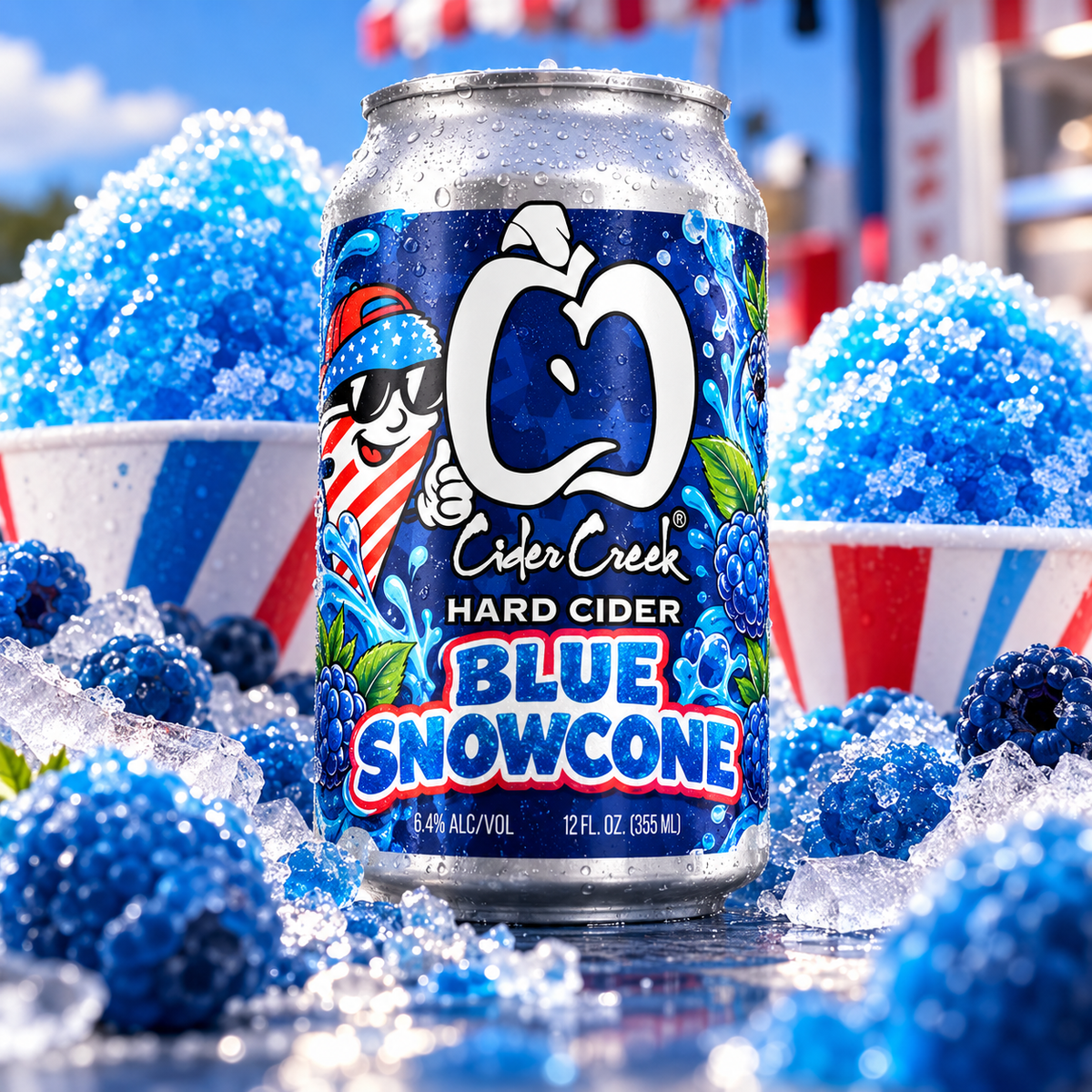 Blue Snowcone hard cider can with blue snowcones and berries