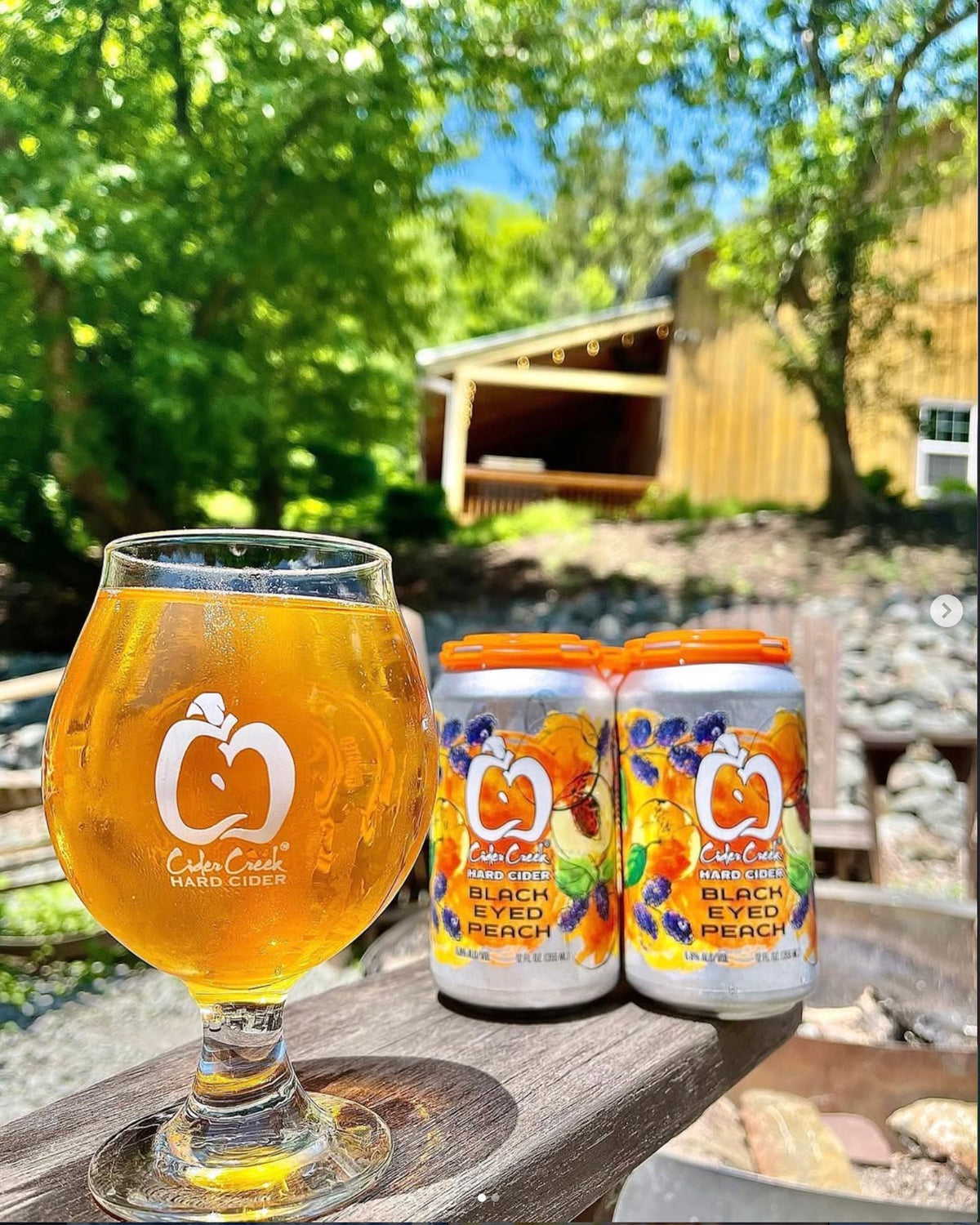 Black Eyed Peach hard cider cans and a fresh pour outside at Cider Creek