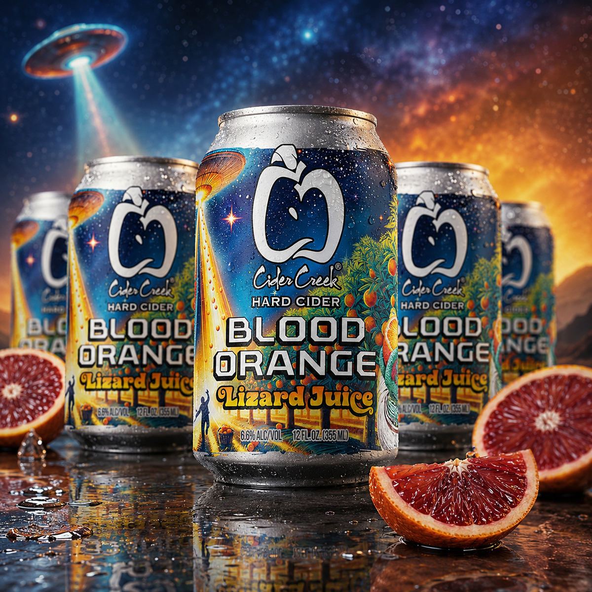 Blood Orange Lizard Juice hard cider cans with blood oranges and a cosmic backdrop