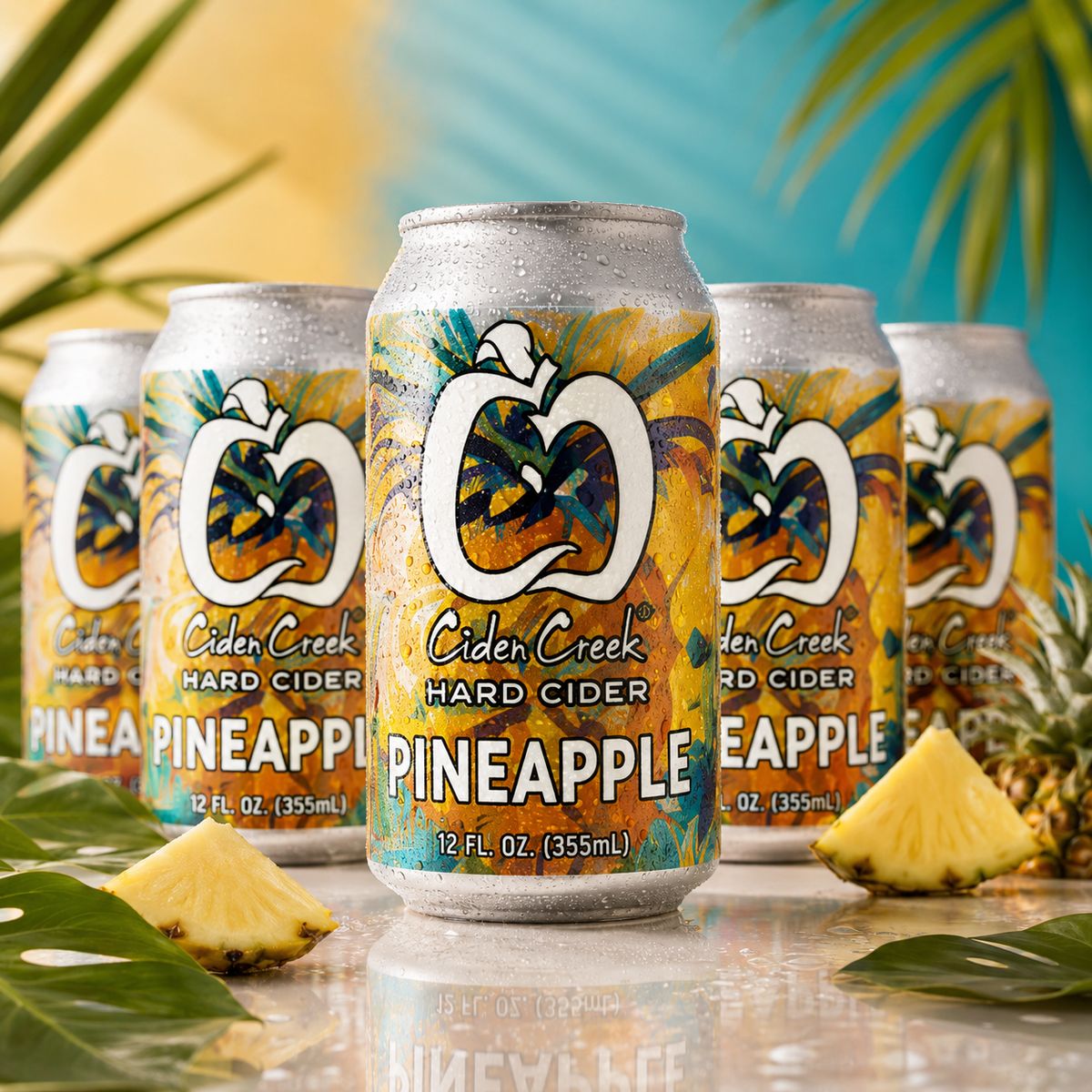 Pineapple hard cider cans with fresh pineapple in a tropical setting